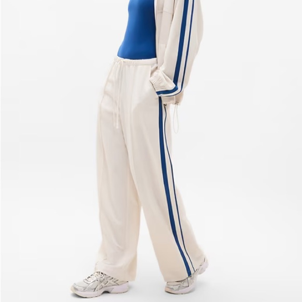 Athleta Ivory Track Pant with Royal Blue Stripes
